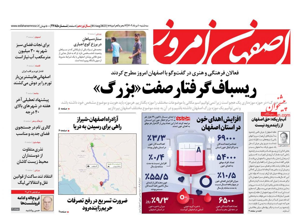 عناوین اخبار روزنامه اصفهان امروز در روز سه‌شنبه ۱۰ مرداد