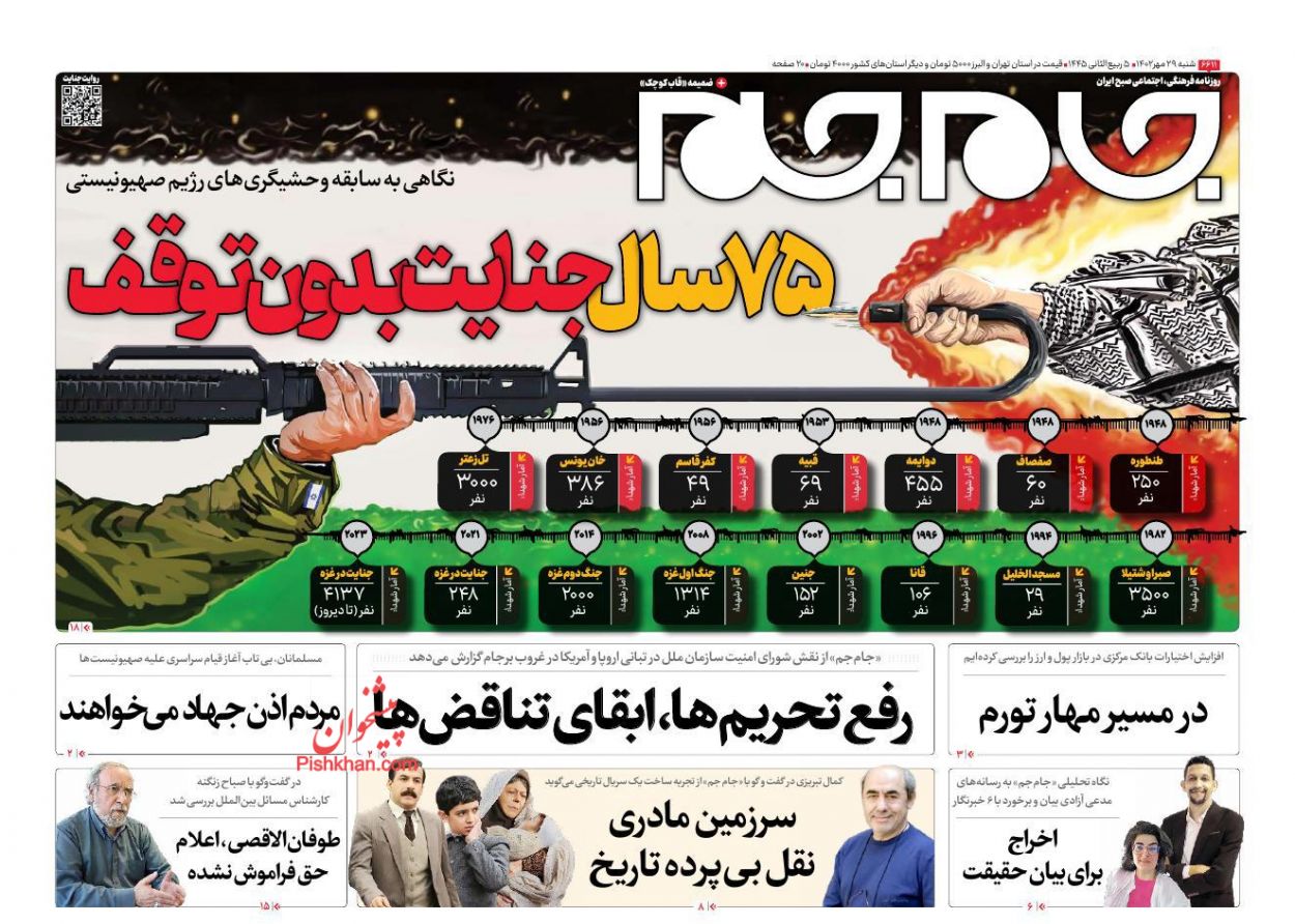 عناوین اخبار روزنامه جام جم در روز شنبه ۲۹ مهر