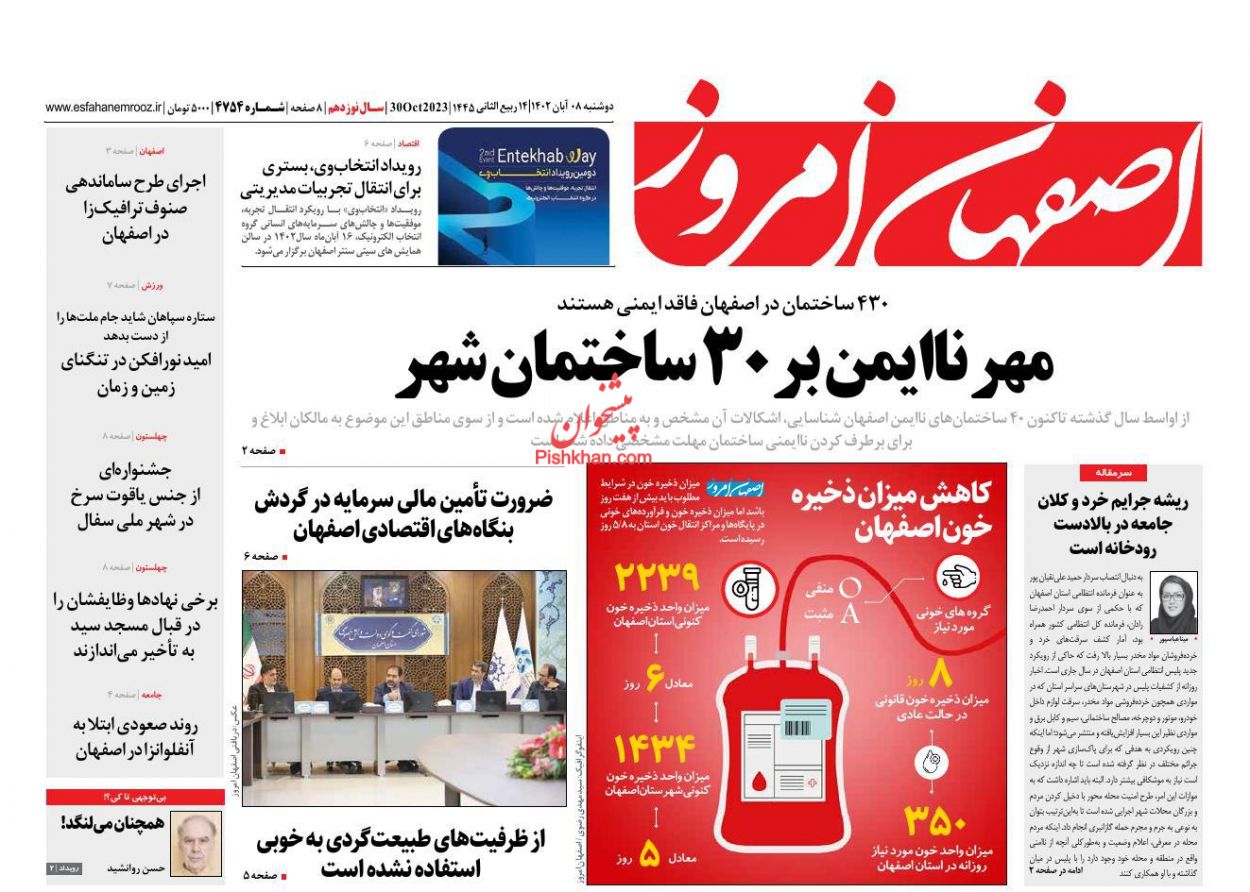 عناوین اخبار روزنامه اصفهان امروز در روز دوشنبه ۸ آبان