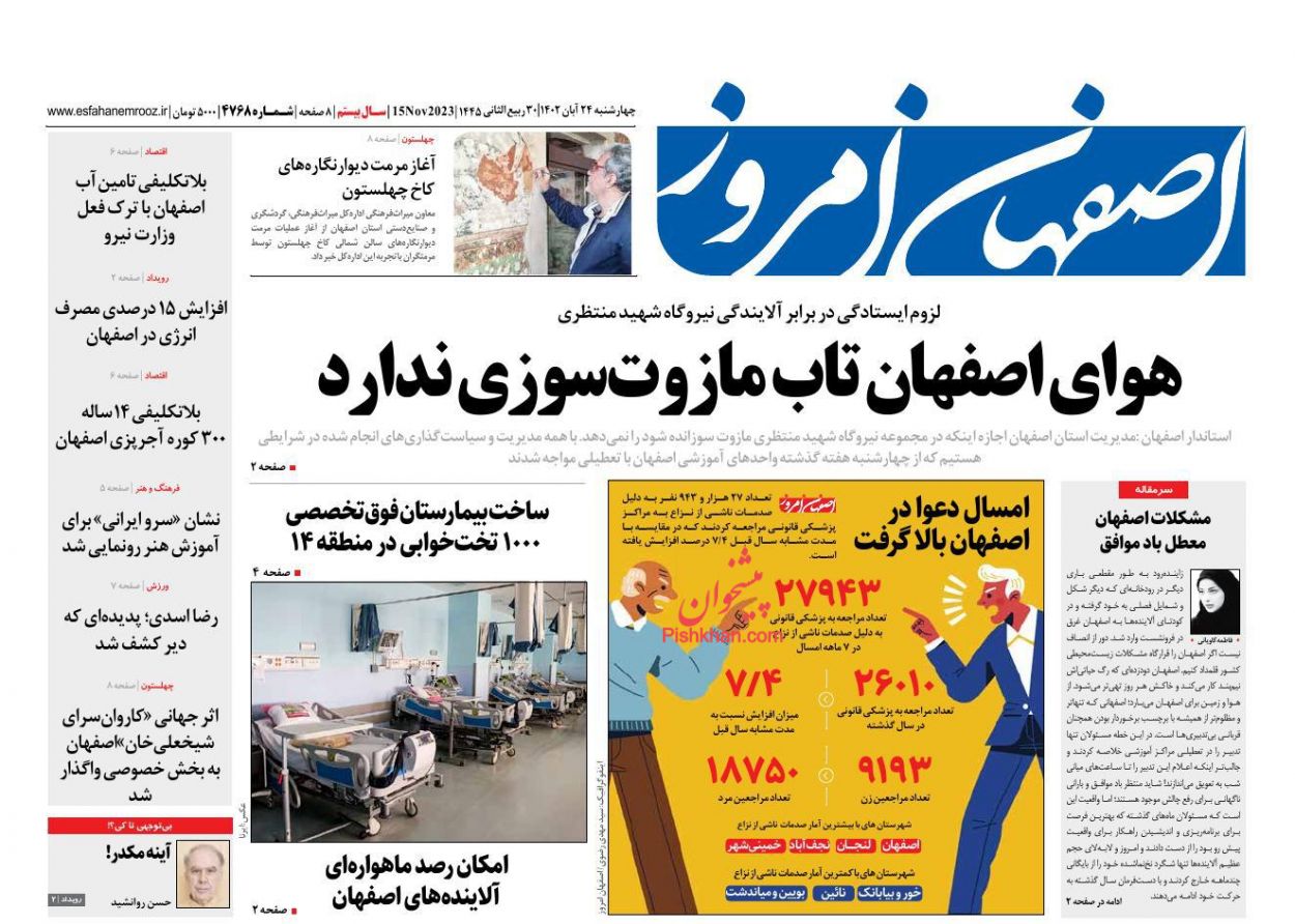 عناوین اخبار روزنامه اصفهان امروز در روز چهارشنبه ۲۴ آبان