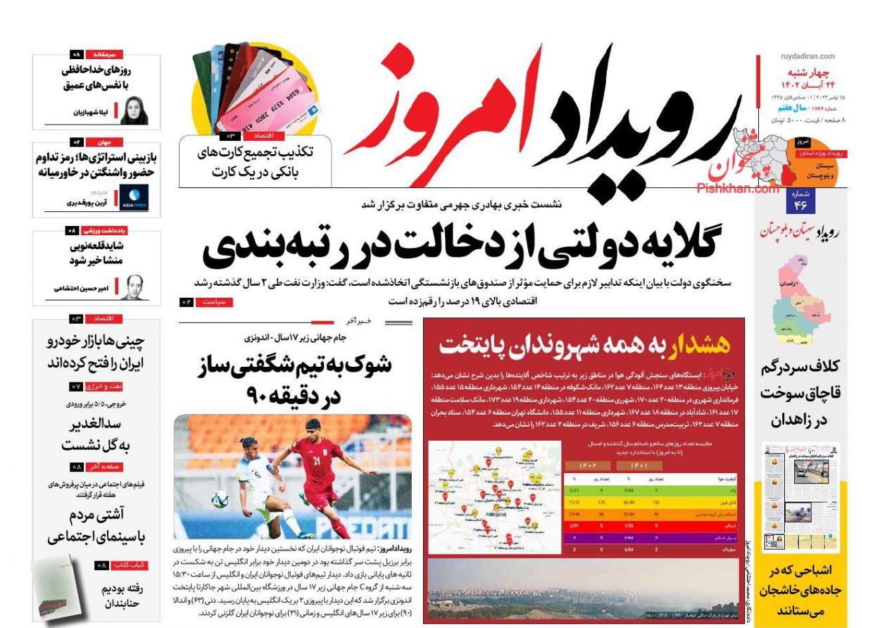 عناوین اخبار روزنامه رویداد امروز در روز چهارشنبه ۲۴ آبان