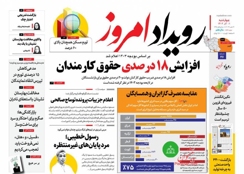 عناوین اخبار روزنامه رویداد امروز در روز چهارشنبه ۱ آذر