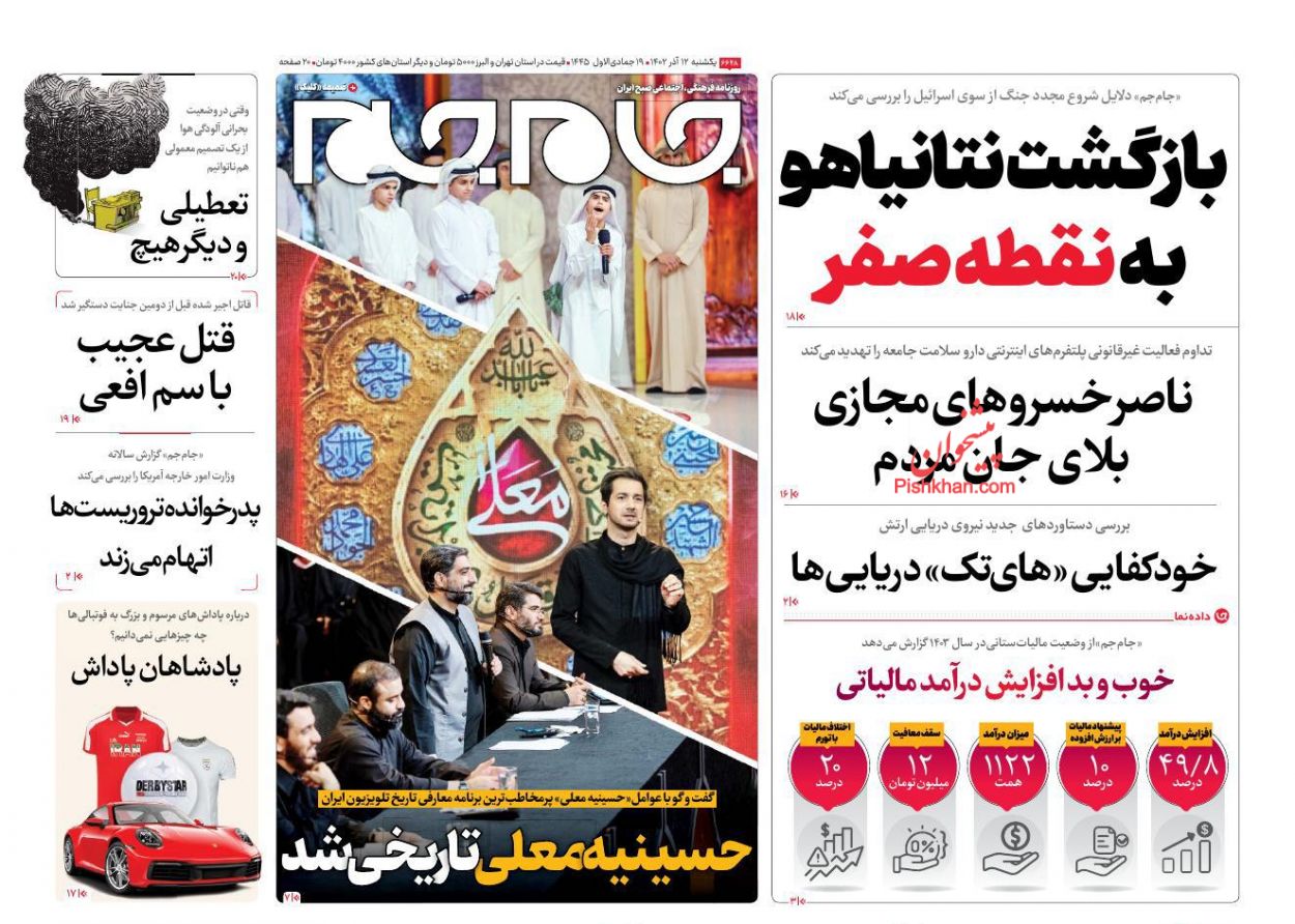 عناوین اخبار روزنامه جام جم در روز یکشنبه‌ ۱۲ آذر