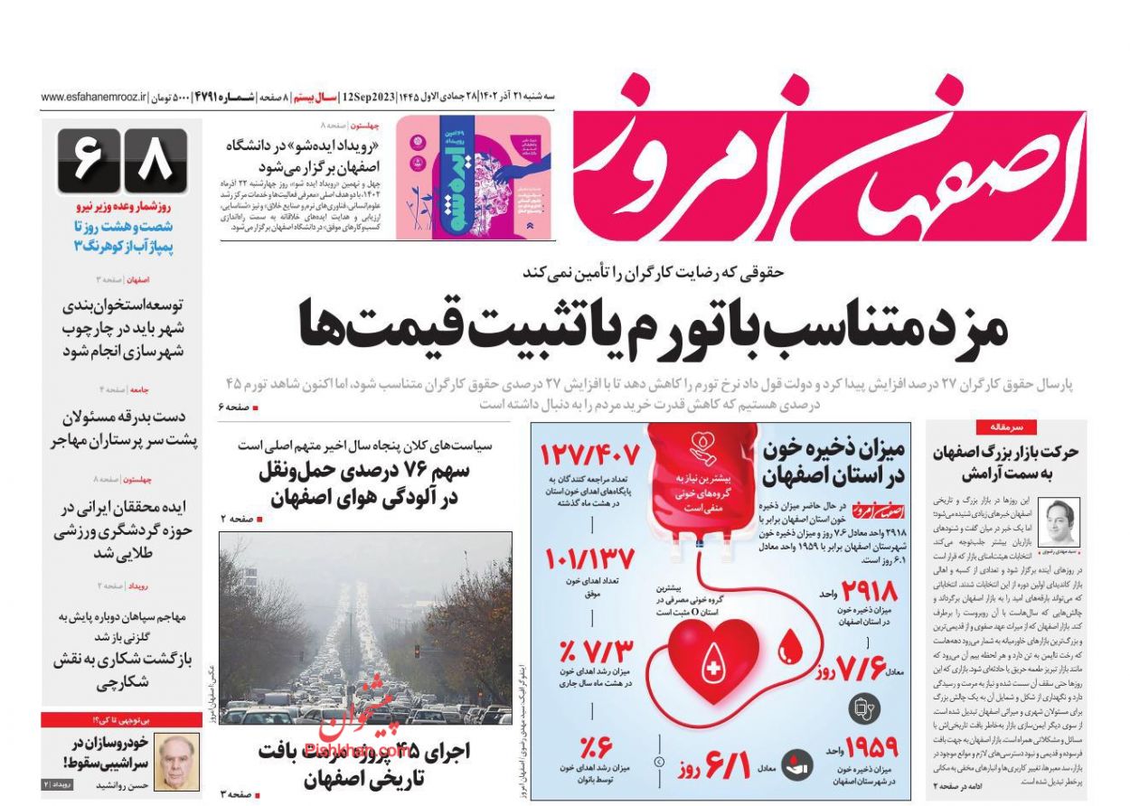 عناوین اخبار روزنامه اصفهان امروز در روز سه‌شنبه ۲۱ آذر