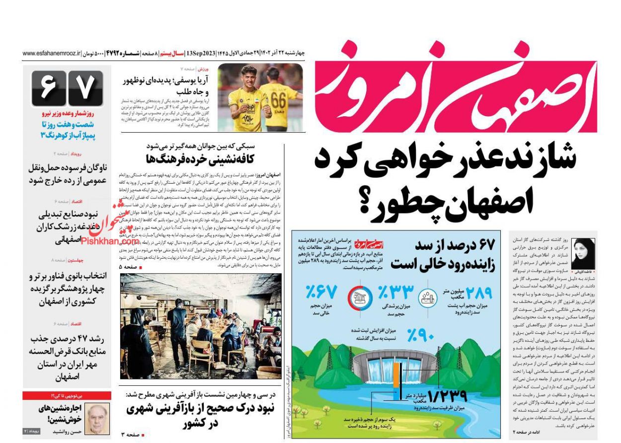 عناوین اخبار روزنامه اصفهان امروز در روز چهارشنبه ۲۲ آذر