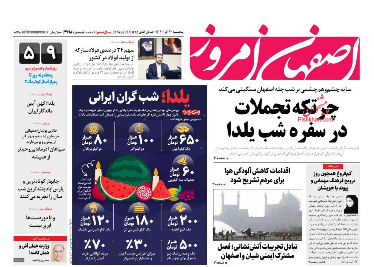 عناوین اخبار روزنامه اصفهان امروز در روز پنجشنبه ۳۰ آذر