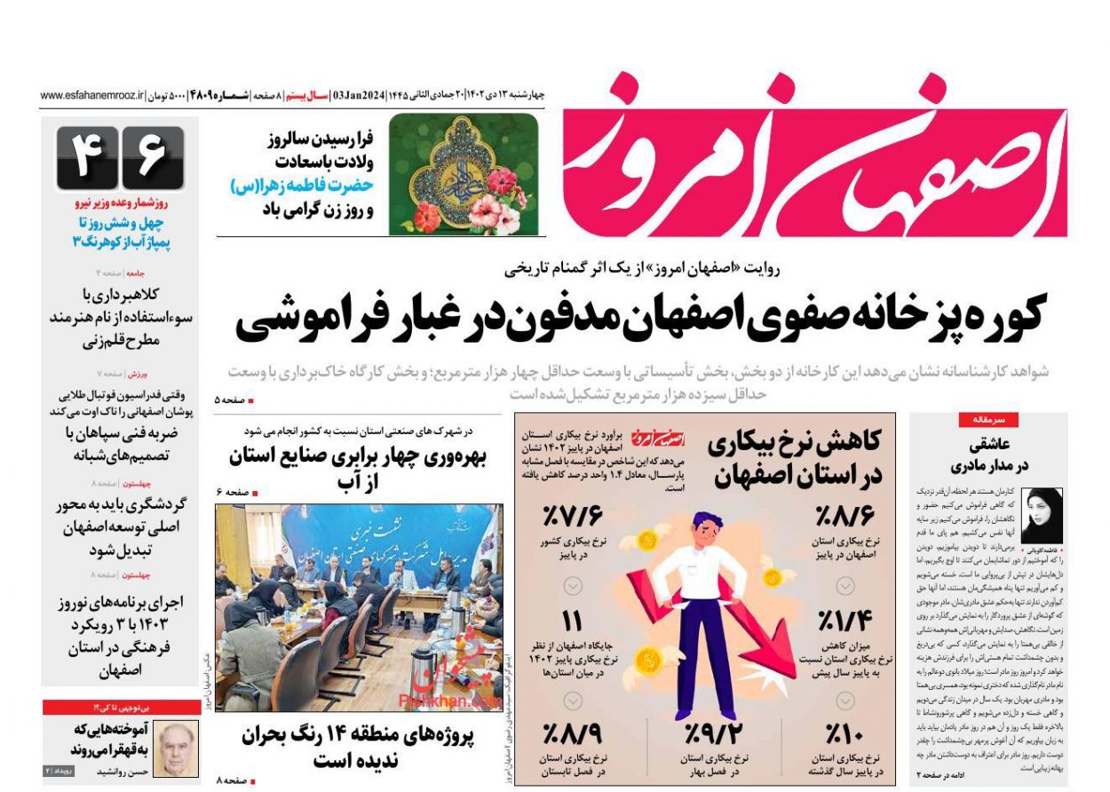 عناوین اخبار روزنامه اصفهان امروز در روز چهارشنبه ۱۳ دی