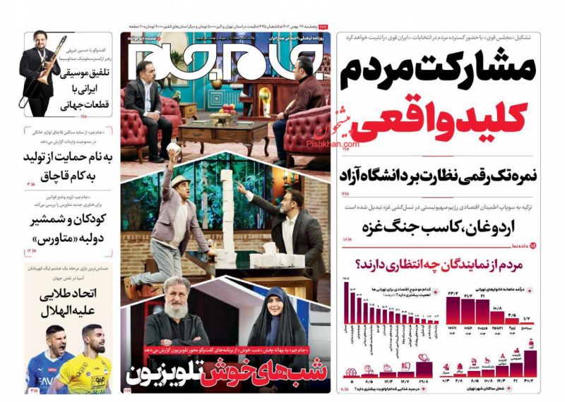 عناوین اخبار روزنامه جام جم در روز پنجشنبه ۲۶ بهمن