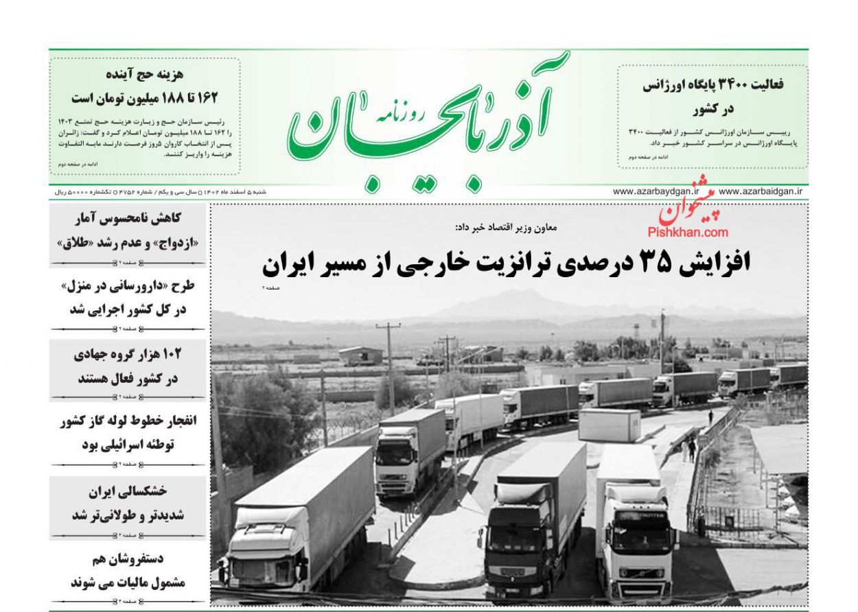 عناوین اخبار روزنامه آذربایجان در روز شنبه ۵ اسفند