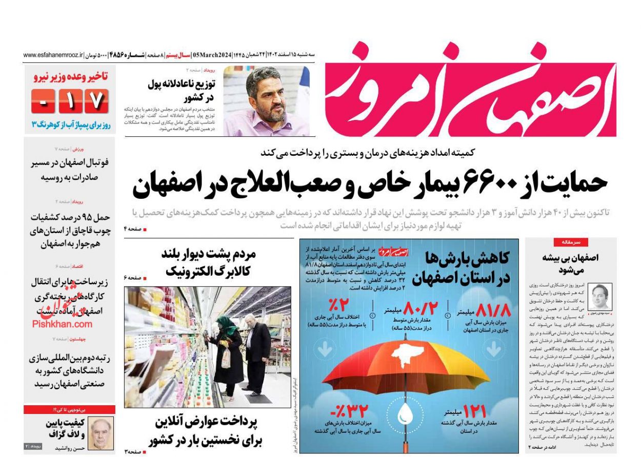 عناوین اخبار روزنامه اصفهان امروز در روز سه‌شنبه ۱۵ اسفند