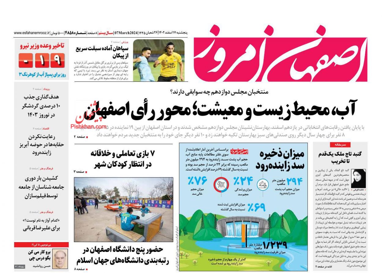 عناوین اخبار روزنامه اصفهان امروز در روز پنجشنبه ۱۷ اسفند