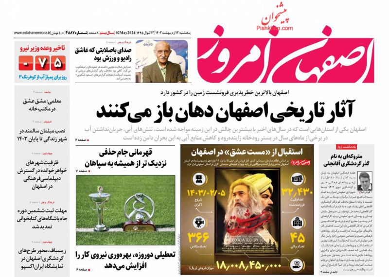 عناوین اخبار روزنامه اصفهان امروز در روز پنجشنبه ۱۳ اردیبهشت