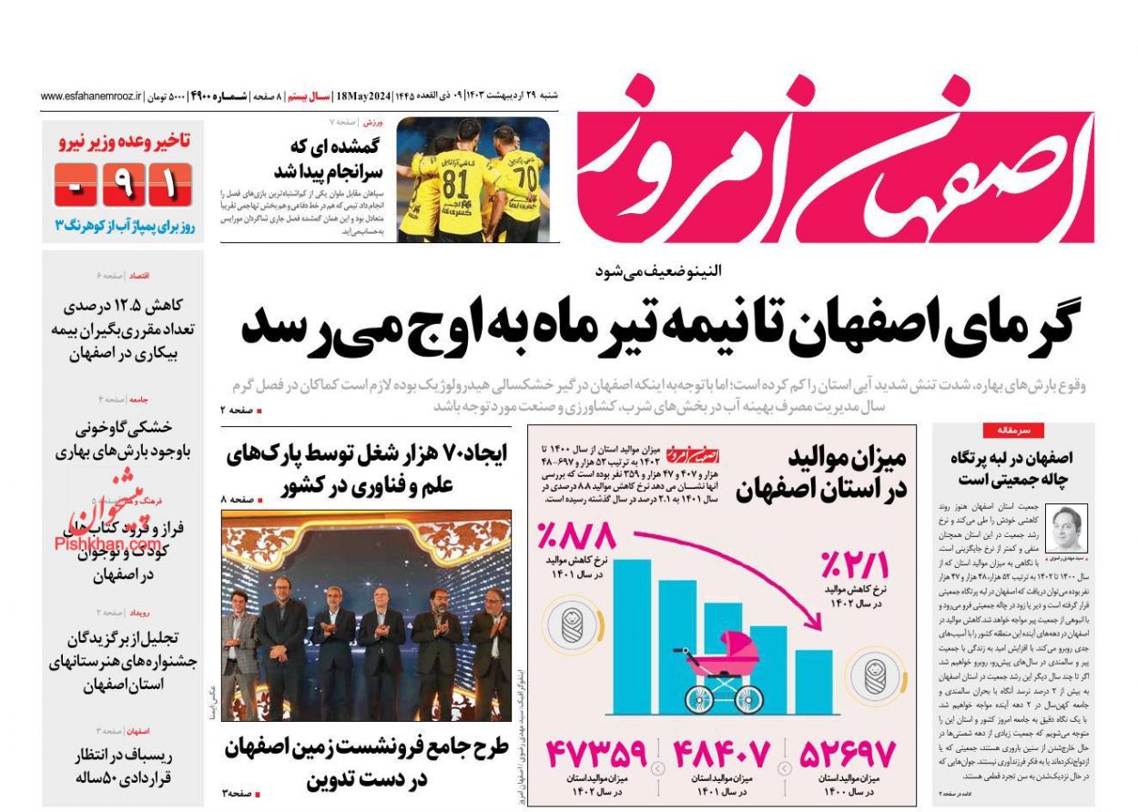 عناوین اخبار روزنامه اصفهان امروز در روز شنبه ۲۹ ارديبهشت