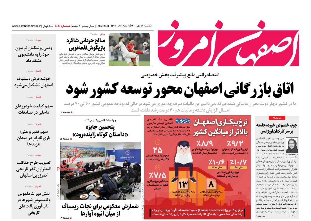 عناوین اخبار روزنامه اصفهان امروز در روز یکشنبه‌ ۲۲ مهر