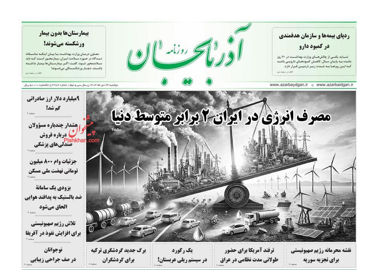 عناوین اخبار روزنامه آذربایجان در روز دوشنبه ۲۴ دی