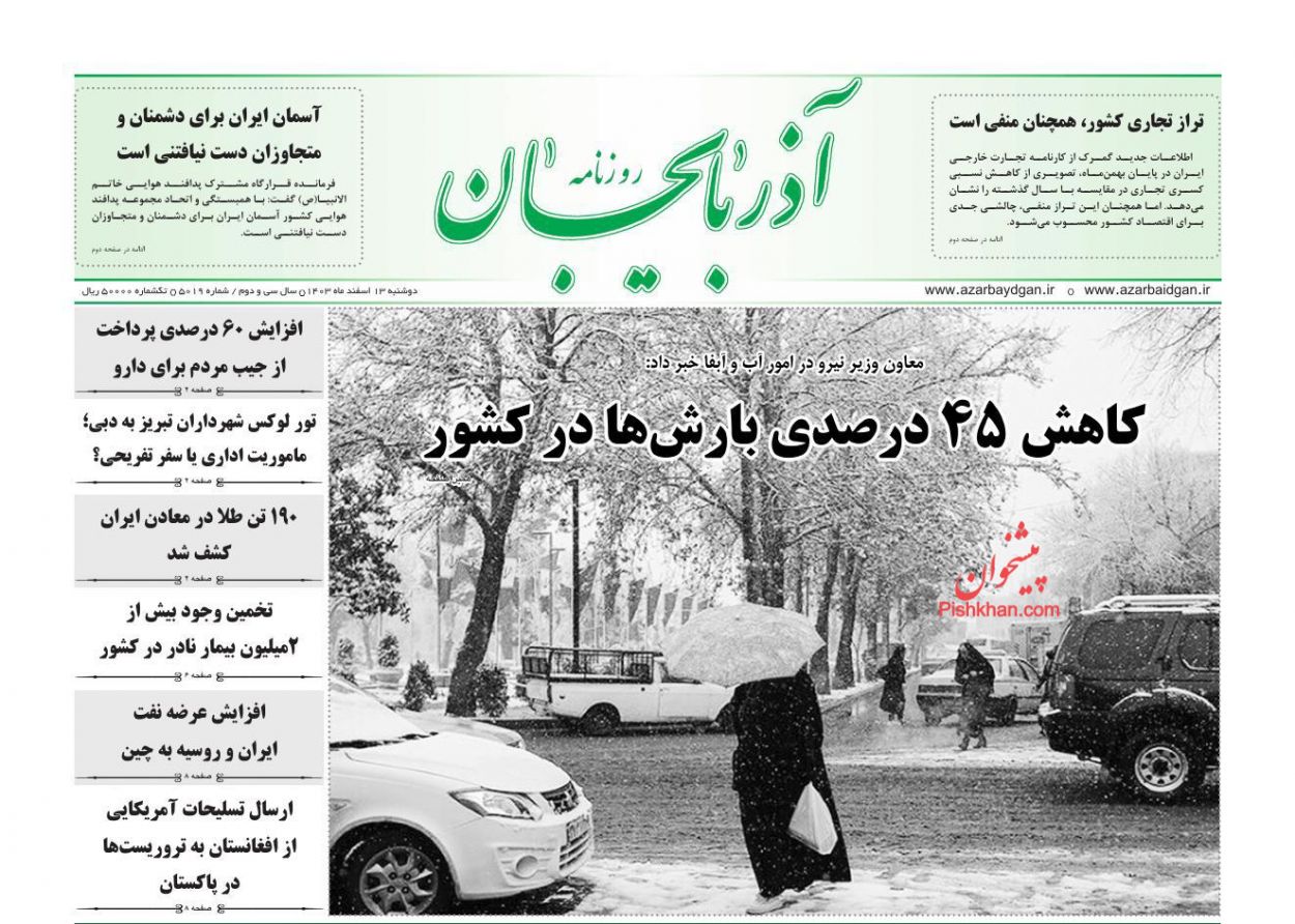 عناوین اخبار روزنامه آذربایجان در روز دوشنبه ۱۳ اسفند