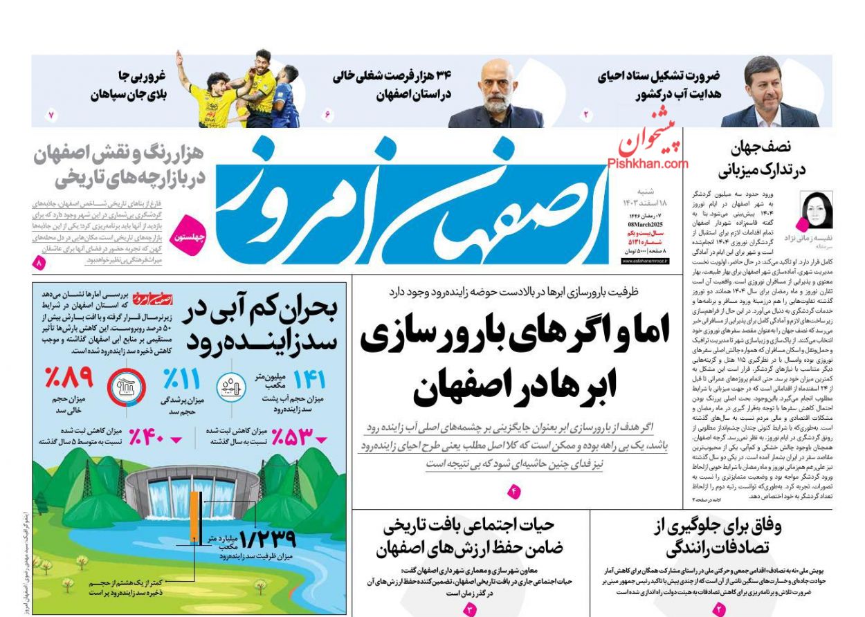 عناوین اخبار روزنامه اصفهان امروز در روز شنبه ۱۸ اسفند