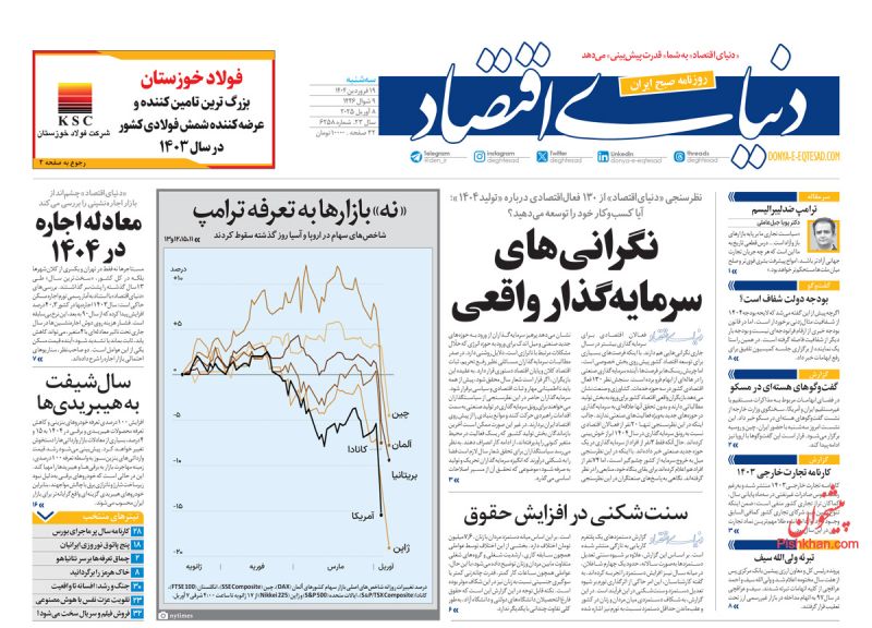 صفحه نخست روزنامه ها/ سهشنبه ۱۹ فروردین 1404 17 پایگاه خبری ججین عناوین اخبار روزنامه دنیای اقتصاد در روز سهشنبه ۱۹ فروردین