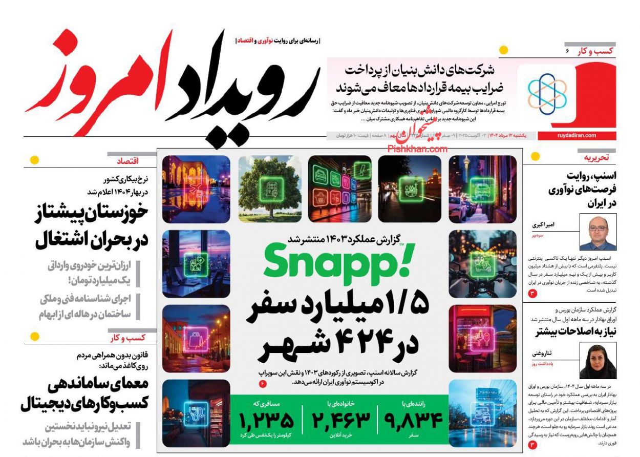 عناوین اخبار روزنامه رویداد امروز در روز یکشنبه‌ ۱۲ مرداد