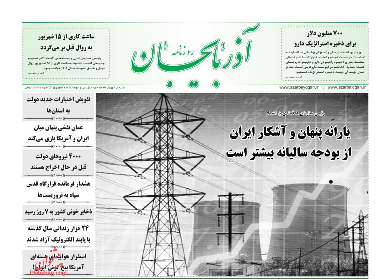 عناوین اخبار روزنامه آذربایجان در روز شنبه ۸ شهريور