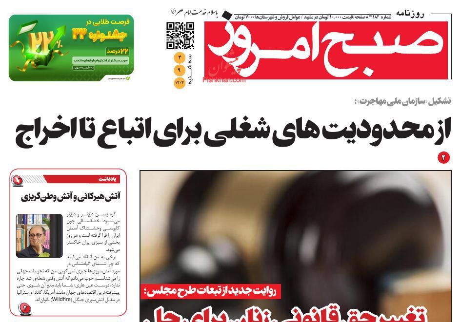 عناوین اخبار روزنامه صبح امروز در روز سه‌شنبه ۴ آذر
