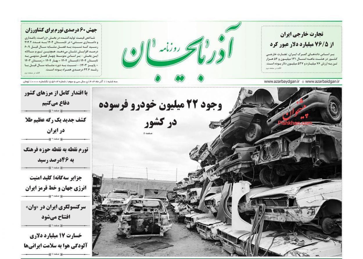 عناوین اخبار روزنامه آذربایجان در روز سه‌شنبه ۱۱ آذر