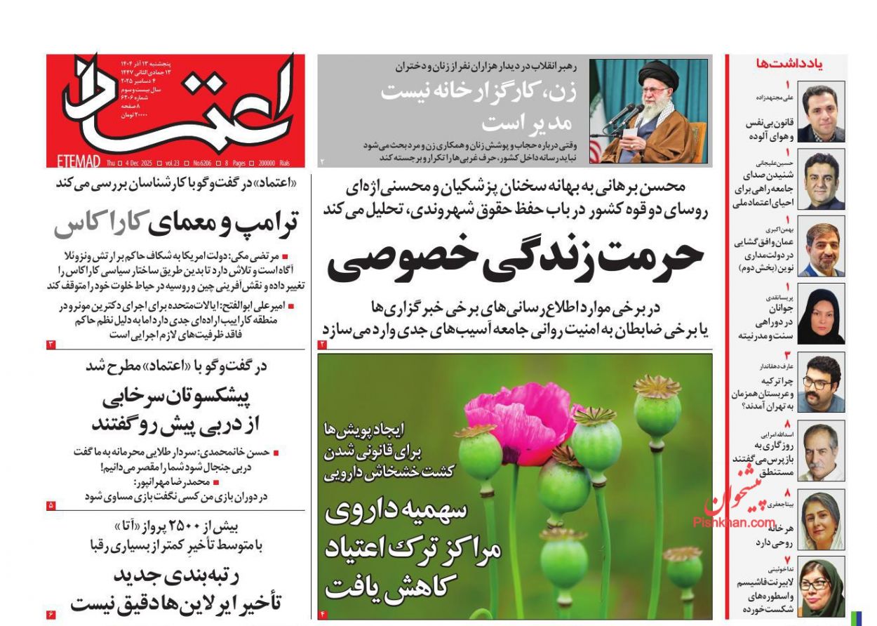 عناوین اخبار روزنامه اعتماد در روز پنجشنبه ۱۳ آذر