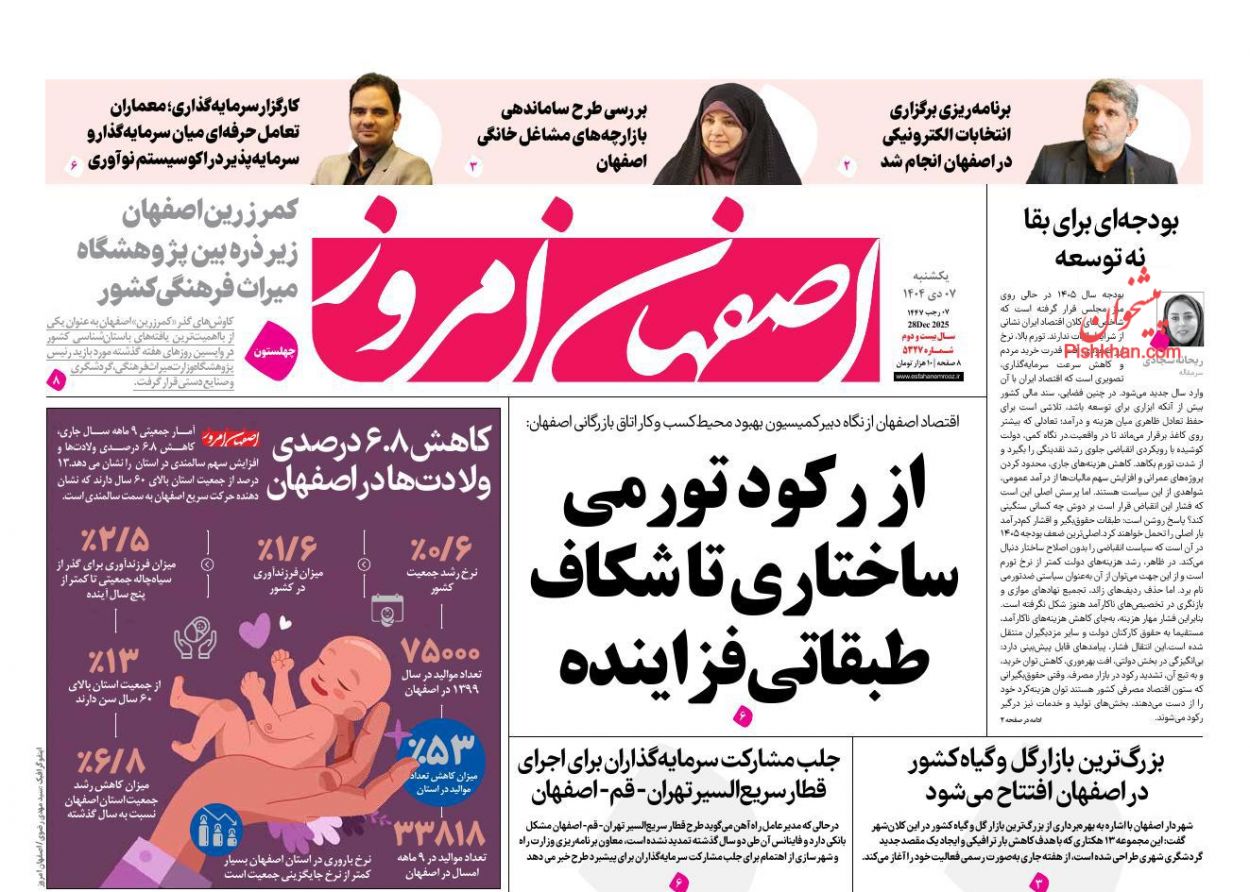 عناوین اخبار روزنامه اصفهان امروز در روز یکشنبه‌ ۷ دی