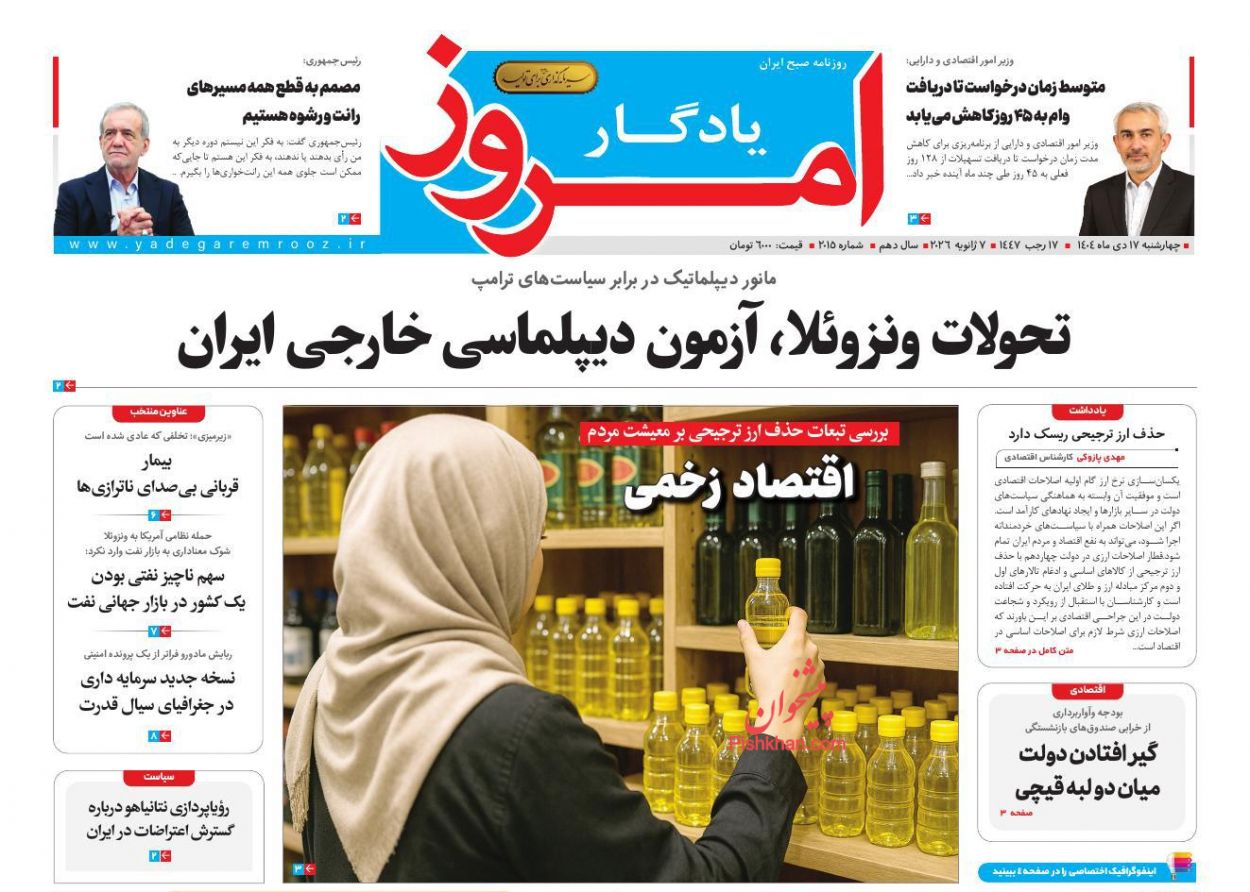 عناوین اخبار روزنامه یادگار امروز در روز چهارشنبه ۱۷ دی