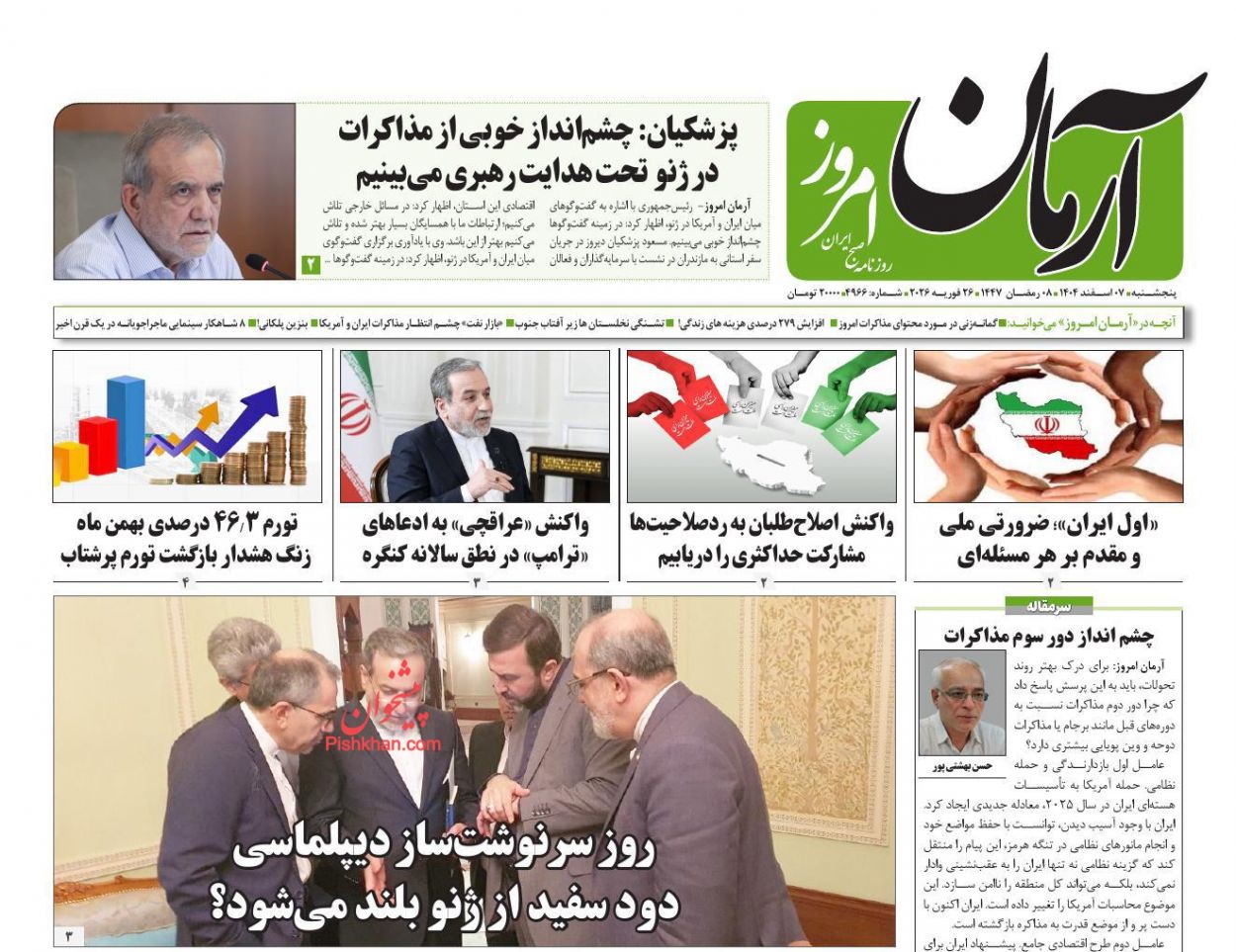 عناوین اخبار روزنامه آرمان امروز در روز پنجشنبه ۷ اسفند